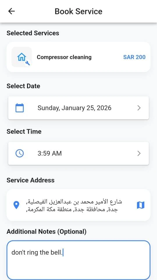 Book service screen with date, time and address